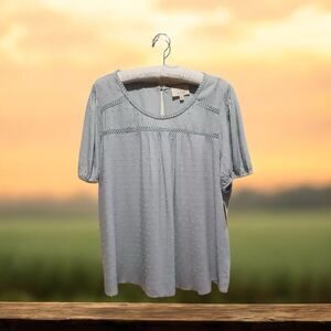 NWT Flower Feather Peasant Top Blouse Size 3XL Dotted Swiss Blue Gray Textured‎